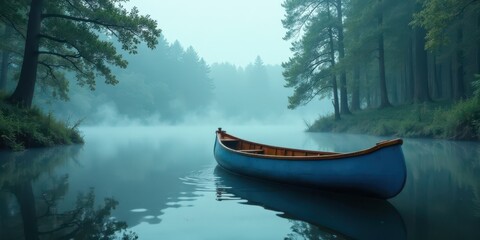 A solitary canoe rests serenely on a tranquil lake, enveloped by a mystical fog that softly veils the surrounding ancient forest