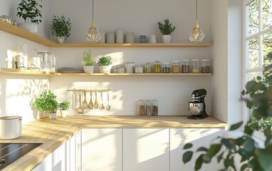 Scandinavian-style kitchen with light oak countertops, open shelving, and soft neutral decor, radiating warmth and simplicity