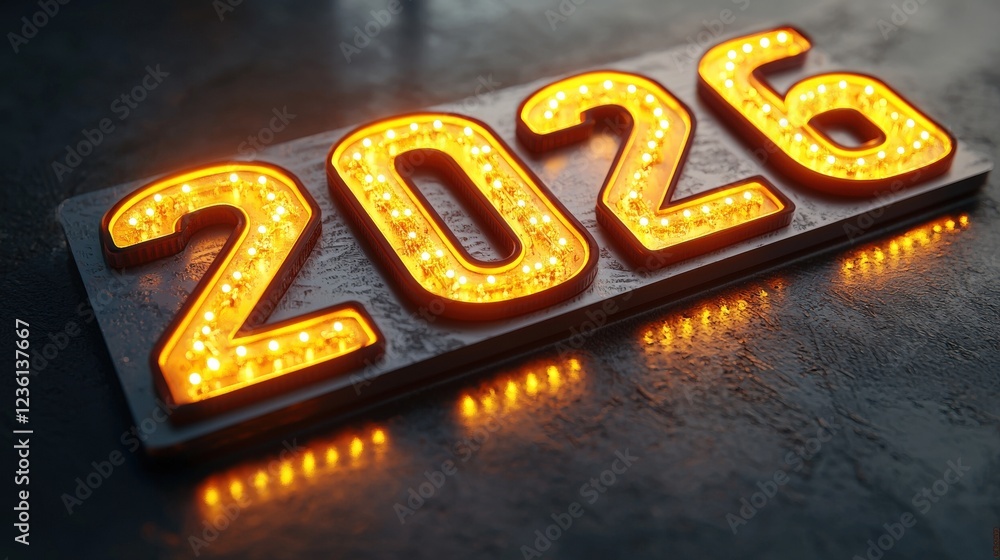 Poster large illuminated numbers 2026 on dark background with bright light effects in stock photo for event