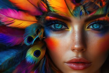 A striking face paint in various colors, simulating bird feathers with intricate designs. This could be related to a cultural event or festival, showcasing artistic and vibrant expression.