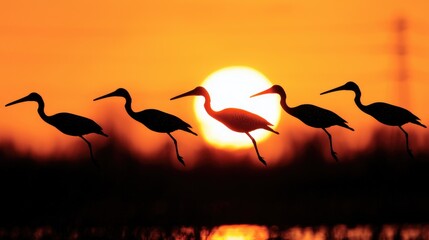 Naklejka premium Birds flying sunset silhouette landscape wildlife