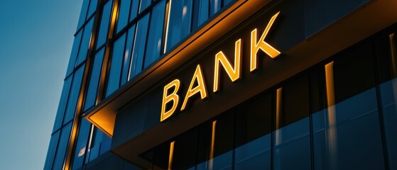 Obraz premium Bank building exterior featuring illuminated signage, modern architecture and urban landscape highlighting financial services and corporate identity in city setting.