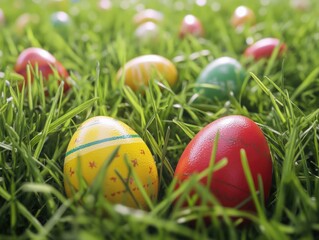 Fototapeta premium A playful Easter scene with colorful eggs and grass.