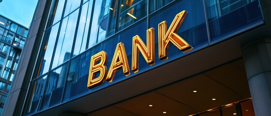 Fototapeta premium Bank facade with illuminated signage in urban setting highlighting financial services, investment opportunities, and modern architecture for banking sector imagery.