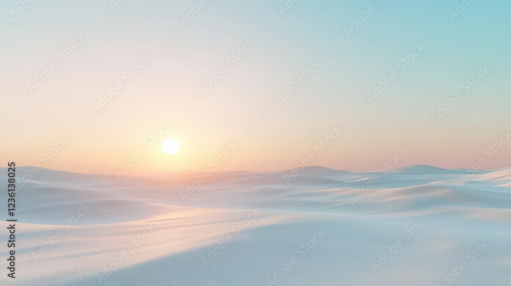 Poster serene scene of an empty desert with a glowing sun setting on the horizon and smooth sand dunes in t