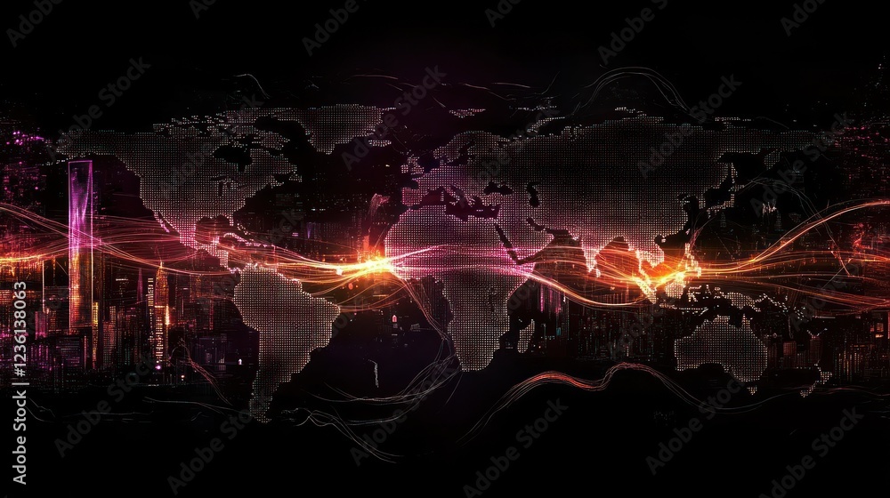 Poster abstract world map with glowing lines and cityscape background