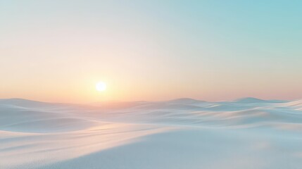 Fototapeta premium Serene Scene of an Empty Desert with a Glowing Sun Setting on the Horizon and Smooth Sand Dunes in the Distance