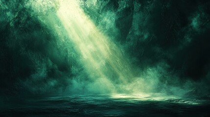 Light rays piercing through dark green clouds onto a wet surface