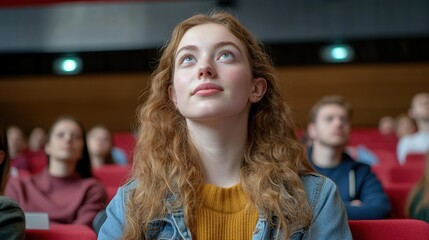 Fototapeta premium Young woman attentively watching lecture in auditorium