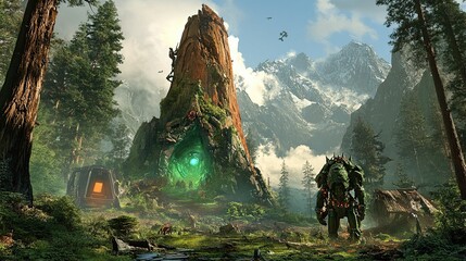 Mountain forest giant robot ancient portal