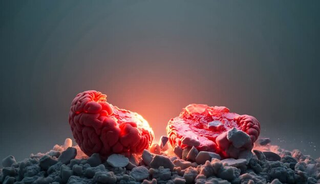 Heart resembling a brain tearing apart on rocky ground.