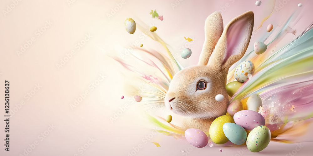 Poster bunny crafted from geometric shapes and lines appears to burst forth from a bright background adorne
