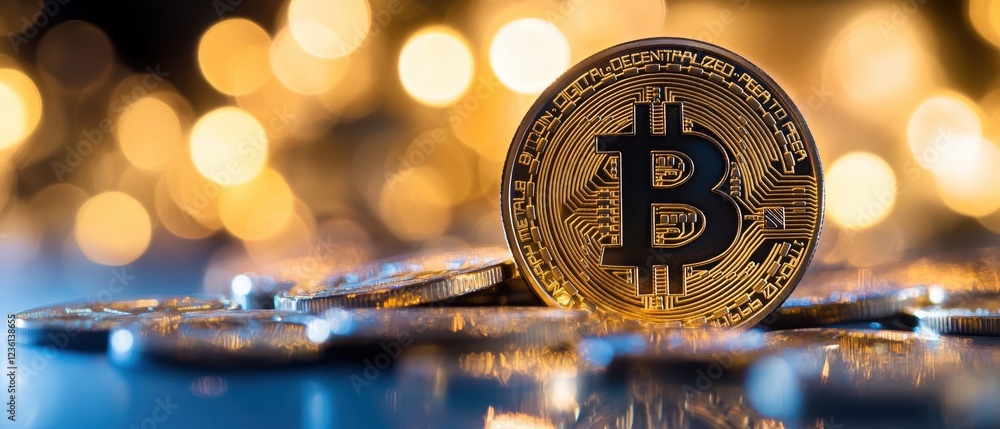 Poster bitcoin coin on a reflective surface surrounded by soft glowing background lights, symbolizing digit