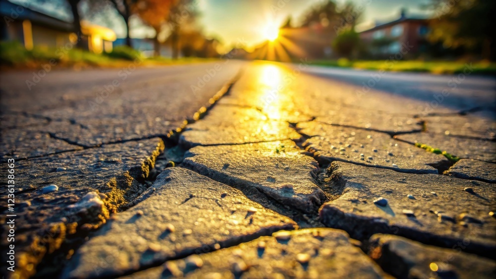 Aufkleber A close-up view of cracked pavement illuminated by the warm glow of a setting sun, casting long shadows and creating a dramatic effect.