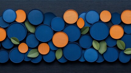 Blue and Orange Abstract: A vibrant arrangement of dark blue and orange circles, interspersed with green leaves, creates a visually captivating abstract pattern.