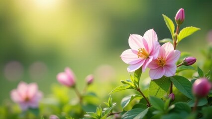 Obraz premium Delicate Pink Blossoms in Soft Sunlight, a Serene Garden Scene of Springtime Flora