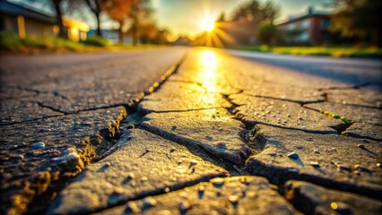 A close-up view of cracked pavement illuminated by the warm glow of a setting sun, casting long shadows and creating a dramatic effect.