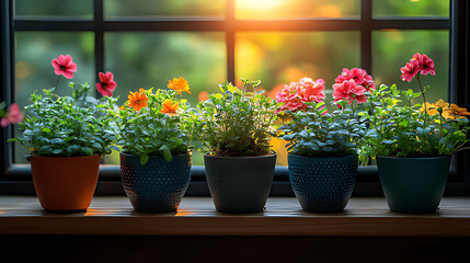 Sunlit windowsill potted flowers, sunset view, home decor
