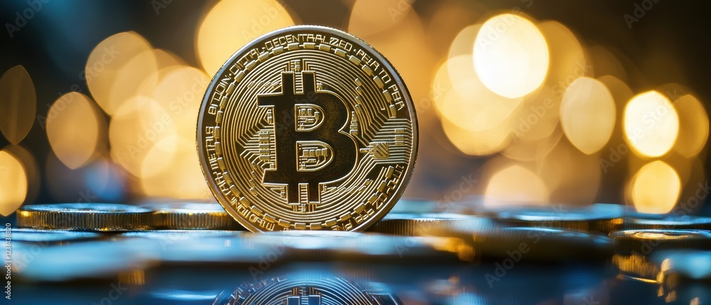 Poster bitcoin coin on glittering background representing cryptocurrency investment and digital finance tre