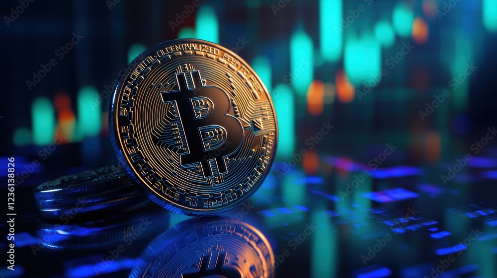 Poster bitcoin coin on reflective surface with cryptocurrency market trends and data analytics graphic in b