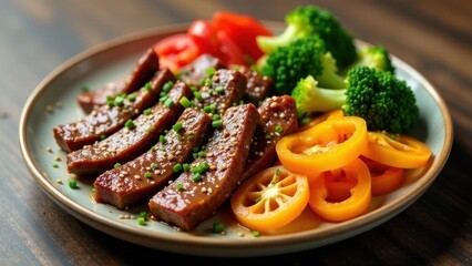 Savory Grilled Meat Slices with Sesame Seeds, Herbs, and Vibrant Vegetable Medley on a Plate