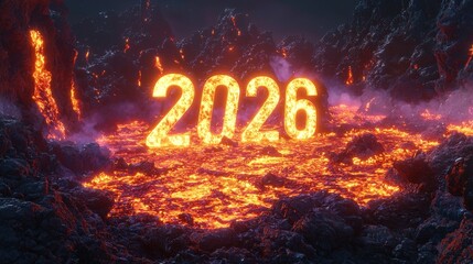 Fiery Eruption with Bold Number 2026 Against a Molten Lava Background in a Dramatic Fiery Scene