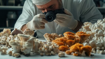A scientist documenting various types of mushrooms in a labphotorealistic portrait,