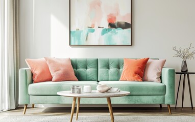 Modern Living Room with a Soft Mint Green Velvet Sofa, Pastel Wall Art, and a Sleek Coffee Table, Fresh and Light Aesthetic