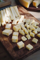 Fototapeta premium Wooden cutting board with assorted slices of cheese ready for consumption or preparation.