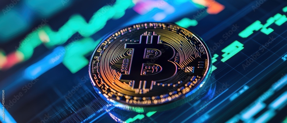 Aufkleber bitcoin cryptocurrency coin on digital background with stock market graphs and data. focus on blockc