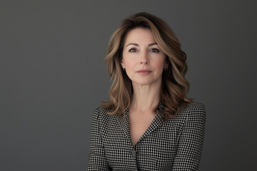 Obraz premium Confident professional woman in checked blazer against grey background embodying leadership and success