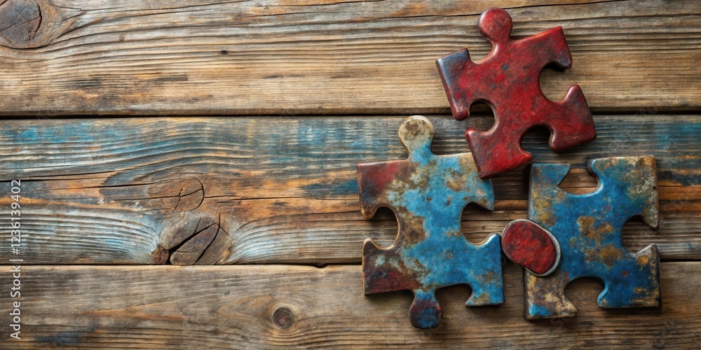 Poster rustic wooden background with interlocking puzzle pieces representing connection, collaboration, and
