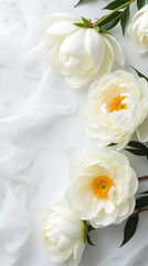 Elegant Flat Lay of White Peonies on Soft Fabric Over a Marble Table, Perfect for Celebrating Women’s Day, Mother’s Day, and Special Occasions.