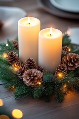 An arrangement of two white candles glowing in the center of a table adorned with pine cones and holiday garland, creating a warm festive atmosphere.