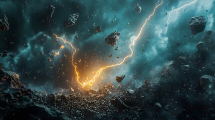 Obraz premium Asteroid Field Lightning Storm Cosmic Rocks