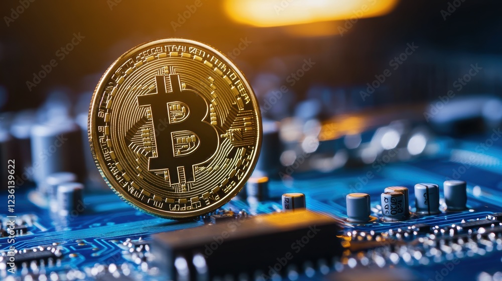 Poster bitcoin placed on a circuit board with digital technology and cryptocurrency concepts, representing 