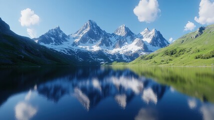 Majestic mountain landscape with reflections on clear lake
