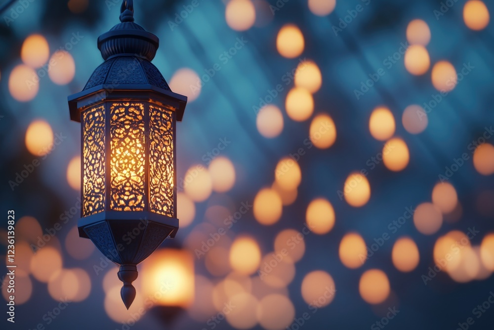 Poster a lantern with a light shining on it is suspended from a wire. the lantern is lit up and the light i