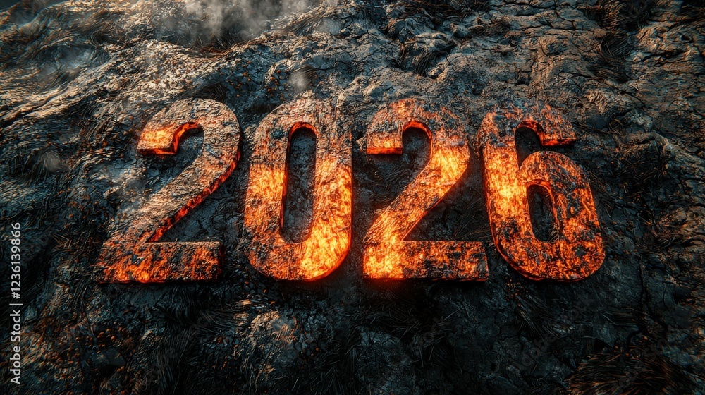 Aufkleber large 2026 number in fiery letters on textured dark background with smoke and unique lighting effect