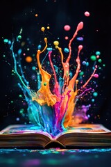 Book, colorful paint splashes and creative ideas bursting from pages, representing imagination, art, inspiration, and artistry in storytelling and literature.