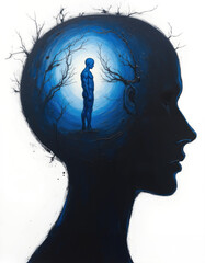 Obraz premium Dreamlike surreal illustration of a blue human figure standing inside a glowing mind, with branching trees symbolizing thoughts, introspection, and deep psychological themes in fantasy art