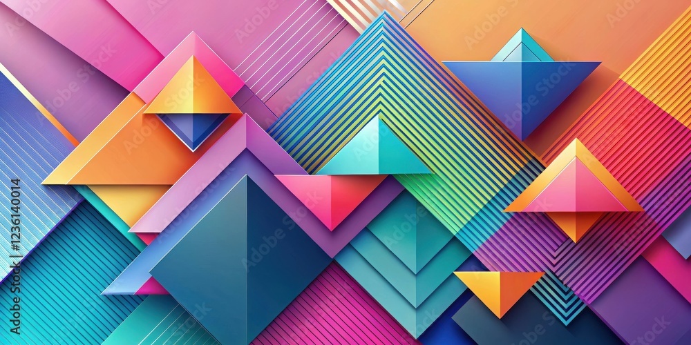 Poster A colorful abstract background featuring overlapping geometric shapes with a gradient and striped textures in vibrant hues of blue, green, pink, yellow and orange.