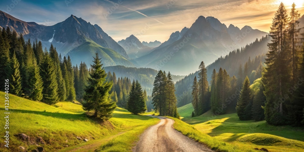 Poster a winding gravel path meanders through a verdant valley, framed by towering evergreen trees and maje