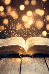 Book opened on a wooden table with magical glowing particles floating above, creating an enchanting atmosphere for storytelling and imagination in literature.