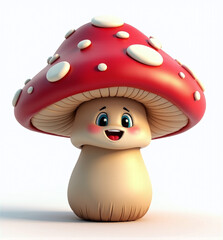 Cute 3D Mushroom Character, Playful and Joyful Fantasy Fungus on White Background
