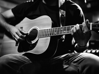 Obraz premium An indie musician strumming a guitar on stage, performing with passion and skill.
