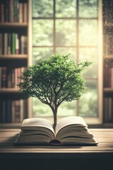 Book, tree growing from pages in cozy library, symbolizing knowledge, sustainability, and environmental connection. Study space showcasing eco-friendly themes.