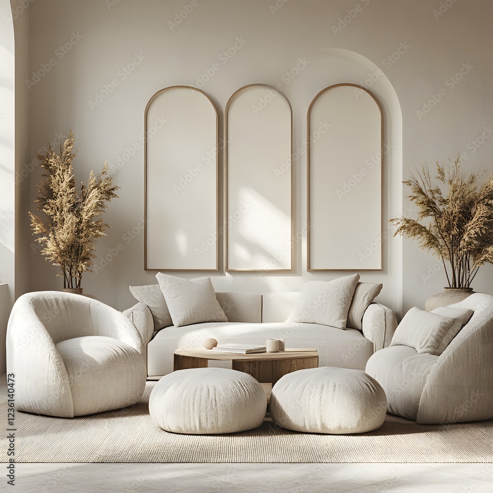 Poster different angles of frame mockup in a modern living room simple furniture with clean lines light neu
