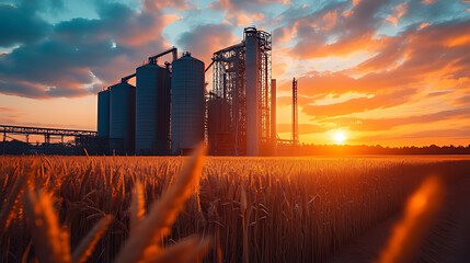 Sunset over grain silos and wheat field; industrial agriculture