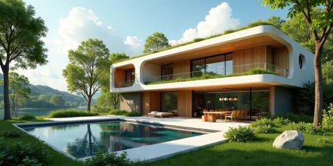 Fototapeta premium Modern Architectural Design Lakeside Contemporary Home with Infinity Pool and Lush Greenery
